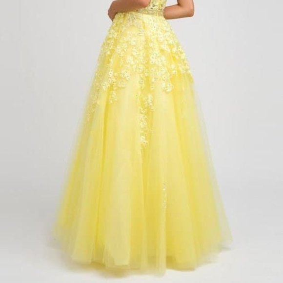 New Yellow Evening Formal Illusion V-Neck A-Line Shape Prom Maxi Dress JT224 - Picture 3 of 5
